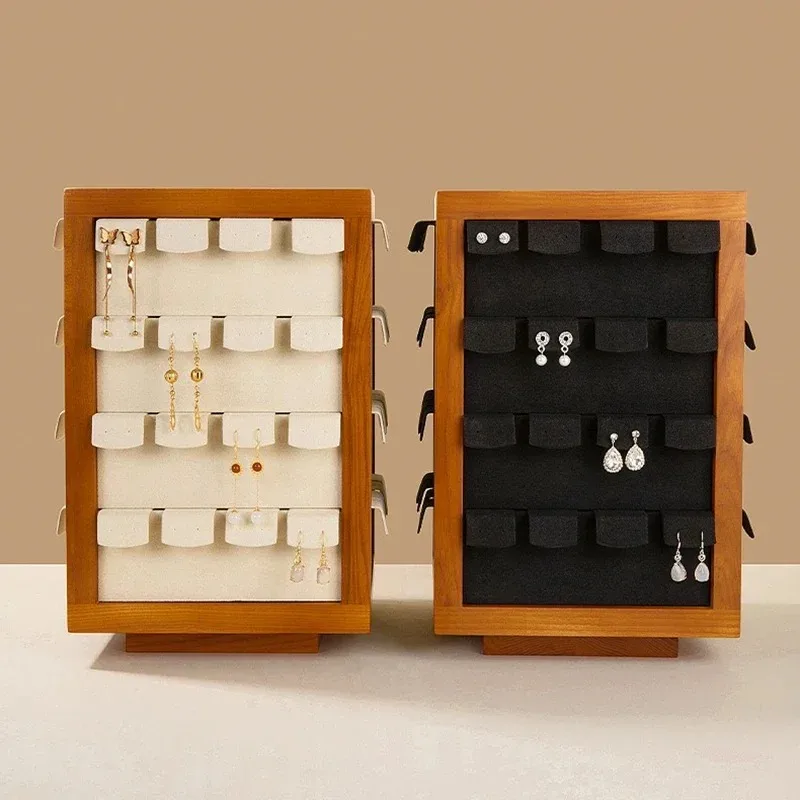 Solid Wood Square Rotating Display Stand Earring Organizer Card Ear Studs Storage Live Broadcast Rotating Base Exhibition Holder