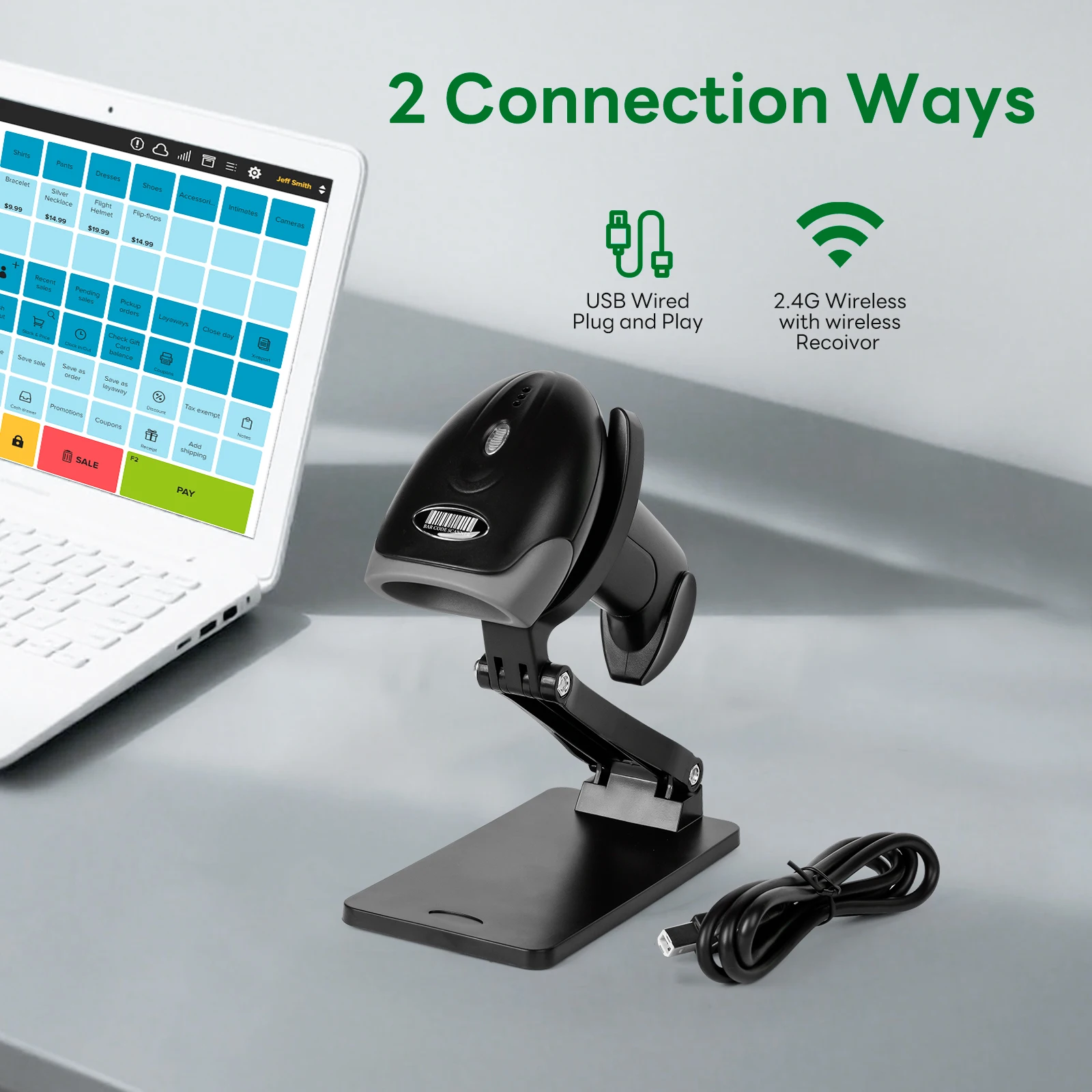 2D QR Reader Scanner 1D/2D Handheld Barcode Scanner Bar Reader Portable QR Scanner USB 2.4G  Wireless Reader with Stand