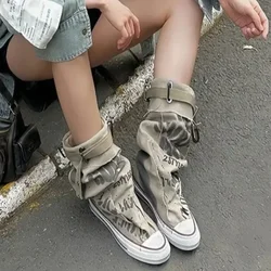 Designerskie kowbojskie trampki damskie wysokie buty nowe płócienne mieszkania buty Trend jesienne botki New Rock Botas Mujer Zapatillas