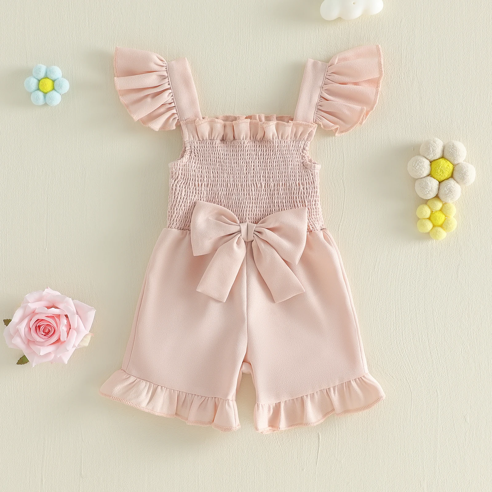 Tregren Toddler Girls Rompers Summer Clothes Solid Color Ruched Bowknot Front Fly Sleeve Kids Jumpsuits Bodysuits Overalls