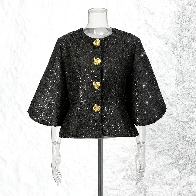 ZAMOR HIGH STREET Women's 2026 New Elegant Sequin Spliced Lantern Sleeve Single-Breasted T-Shirt Coat Heavy-Duty Design Top