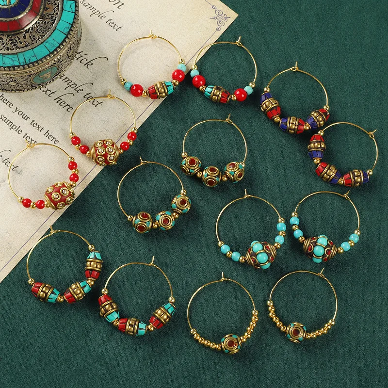 Ethnic Nepal Style Hoop Earrings for Women Golden Color Copper Gemstone Bead Luxury Exotic Jewelry Vintage Tibetan Charm Gifts