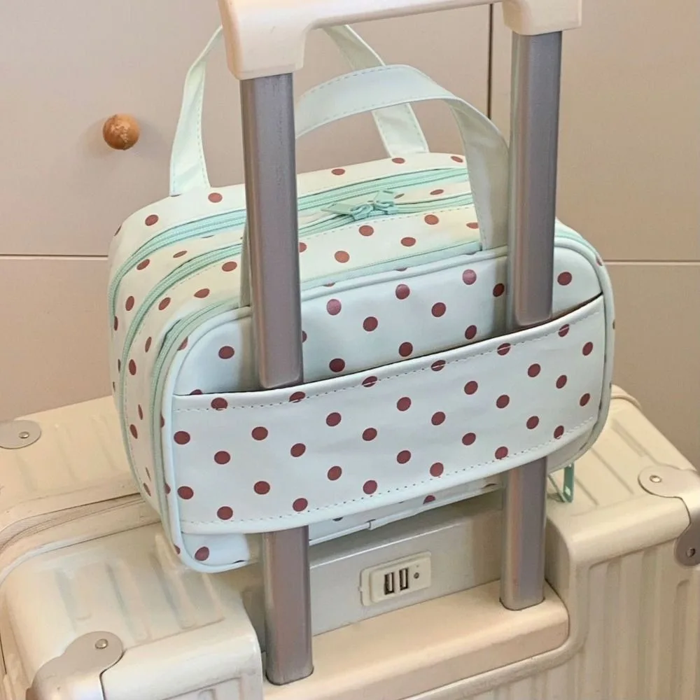Polka Dot Handheld Makeup Bag Three Layer Partition Waterproof Toiletry Organizer Bag Multifunctional Large Capacity