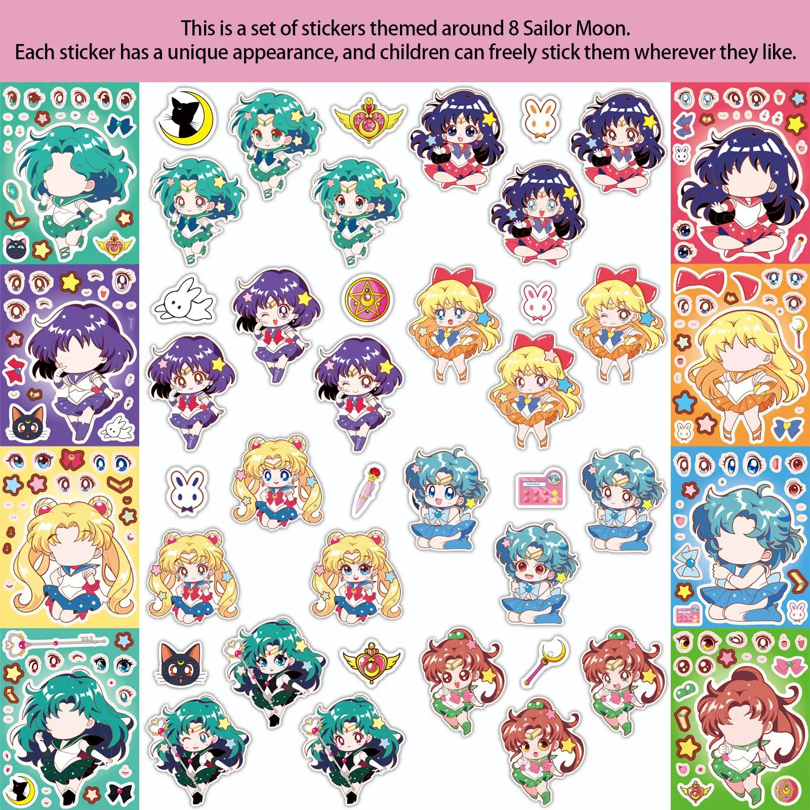 8/16 Vellen Q Versie Sailor Moon Anime Make a Face Puzzel Stickers Decoratie Laptop Telefoon Gitaar Skateboard Klassiek Kinderspeelgoed
