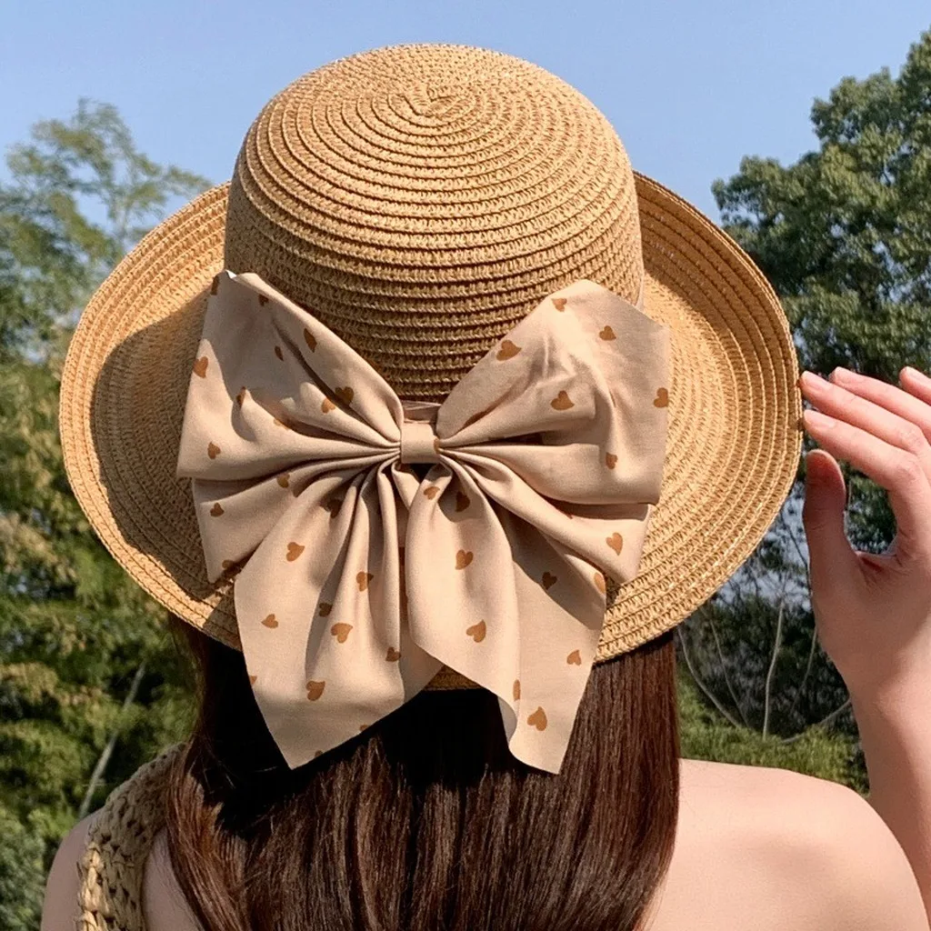 Decorative Bow Hat Breatheable Foldable Visor Cap Women'S Beach Hat Decorative Straw Sun Hat For Summer Fashion City Travel