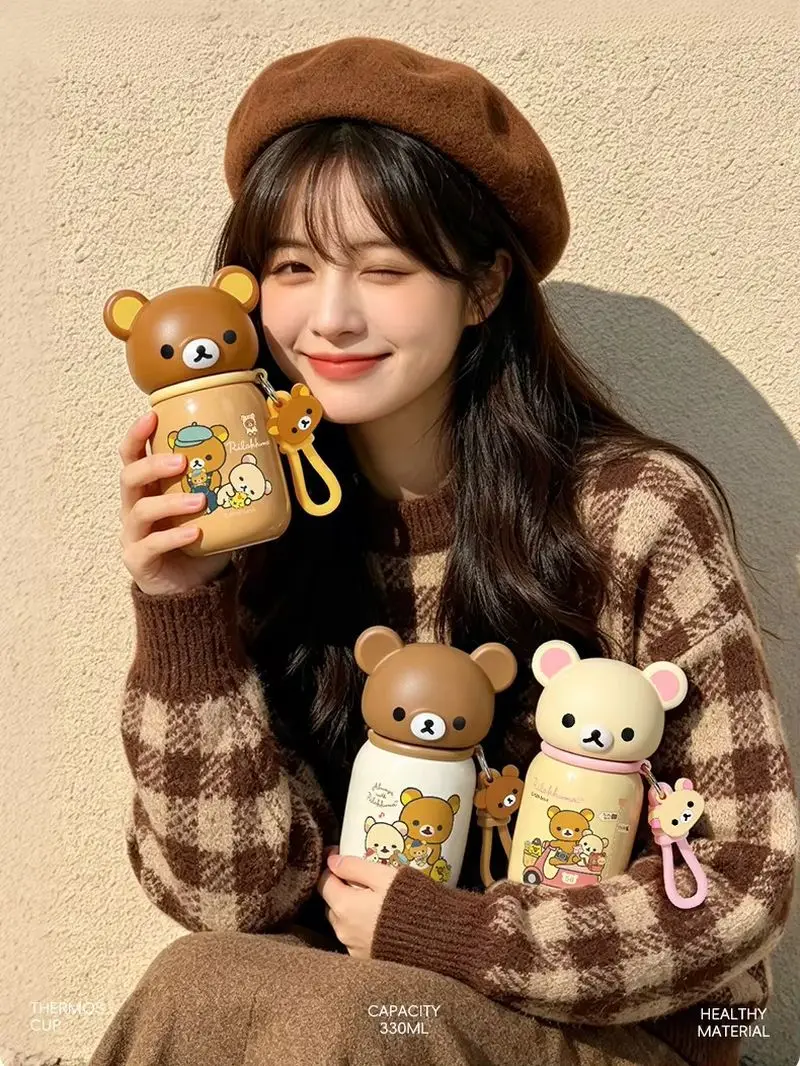 Kawaii Rilakkuma Cartoon Stainless Steel Vacuum Insulated Water Bottle 330 Ml Leakproof Thermal Mug For Indoor Outdoor Daily Use