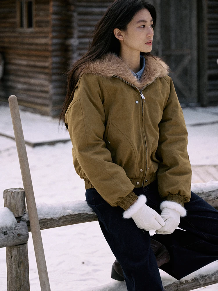 

Jicouture Thiened Winter Cotton Jaet Women's Hooded Coat Fluffy Svel Straight Cut Long Zipper Pure Color Faion