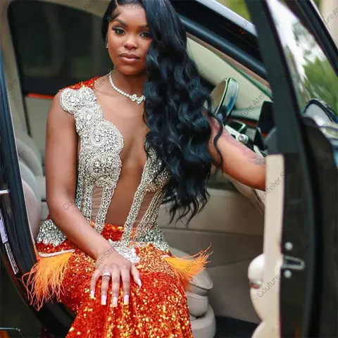 Förtrollande Orange Fjädrar Balklänningar 2025 Svarta Flickor Pärlströja Strass Paljetter Sjöjungfru Festklänningar Anpassade 10 best sales orange balklänningar - №9