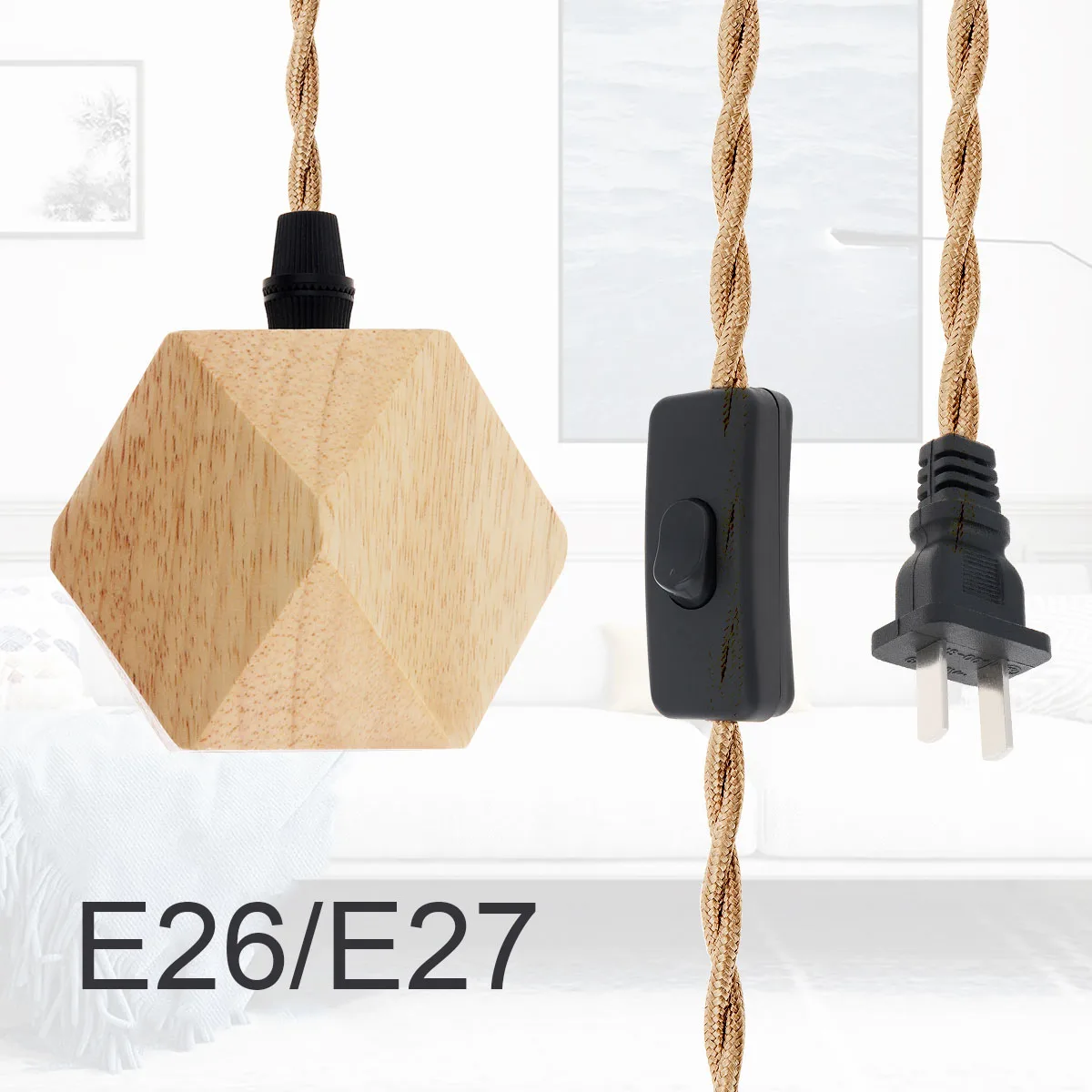 Wood Pendant Light Kit Retro Farmhouse Style Covered Ceramic Light Socket for Home Kitchen Bedroom with Switch Wire