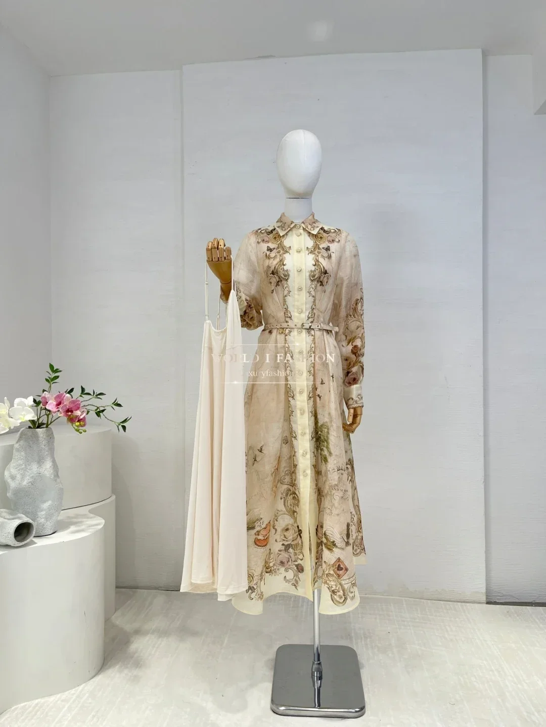 

Beige Rose Tree Print Long Sleeve Midi Dress