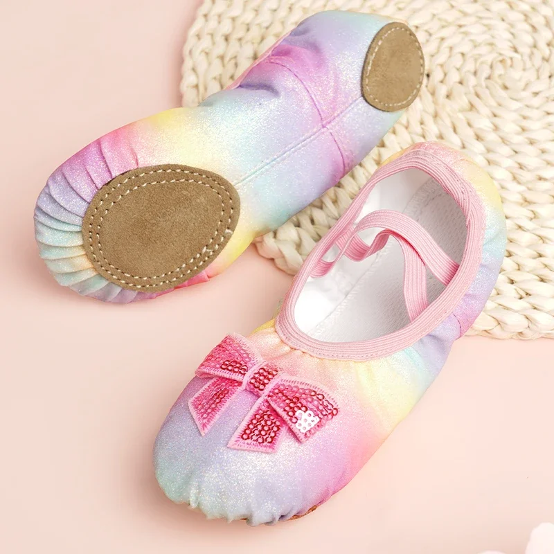 Kids Lace Bow Princess Shoes Toddler Girls Ballet Flats Shoes Children Color Sequins Leather Soft Soled Ballet Shoes