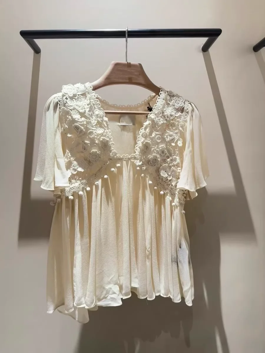 

2026 Summer Beige Shirt Silk Sexy Ladies V-Neck Lace Top Fashion Women's Chiffon Loose Blouse