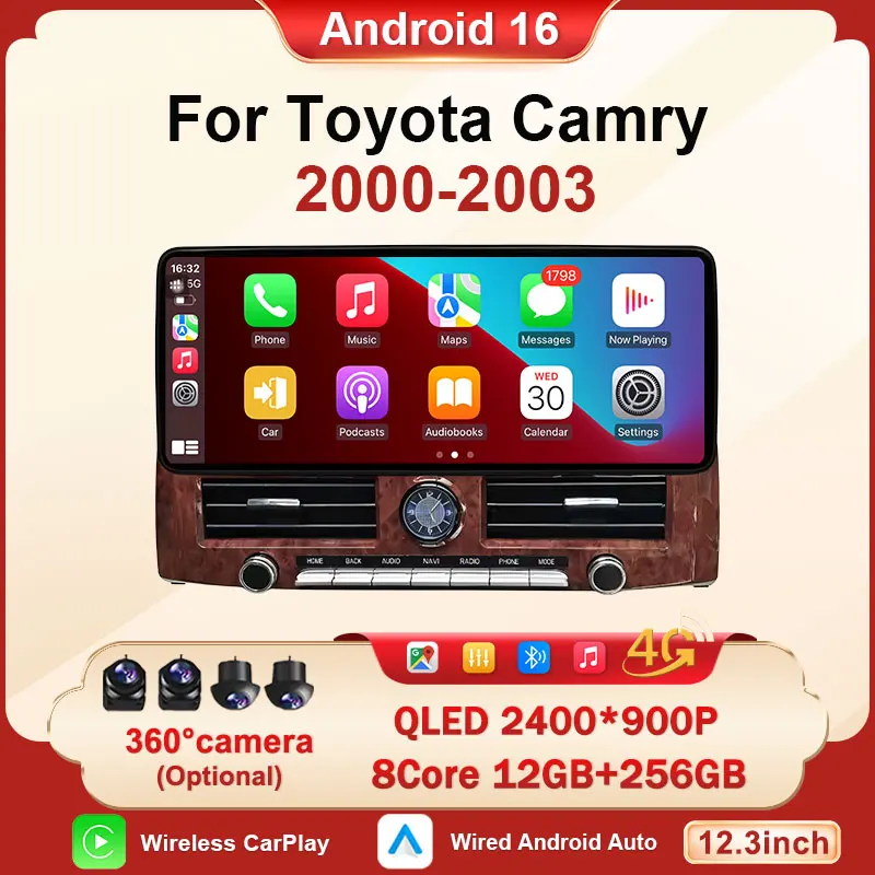 Android 16 2K Split Screen 12.3 Inch For Toyota Camry 2000 - 2003 BT Player Car Radio WiFi 4G Lntelligent Multimedia Stereo GPS