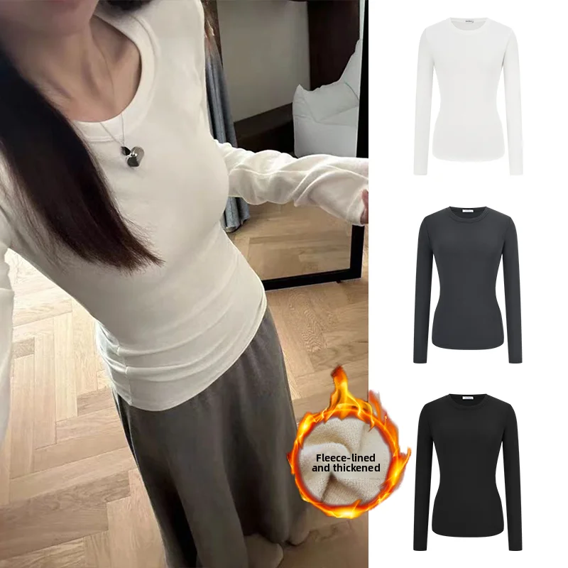 Camiseta de manga larga con cuello redondo y forro polar MosesQueen, camiseta básica ajustada para mujer, blanca con hombreras y corte recto