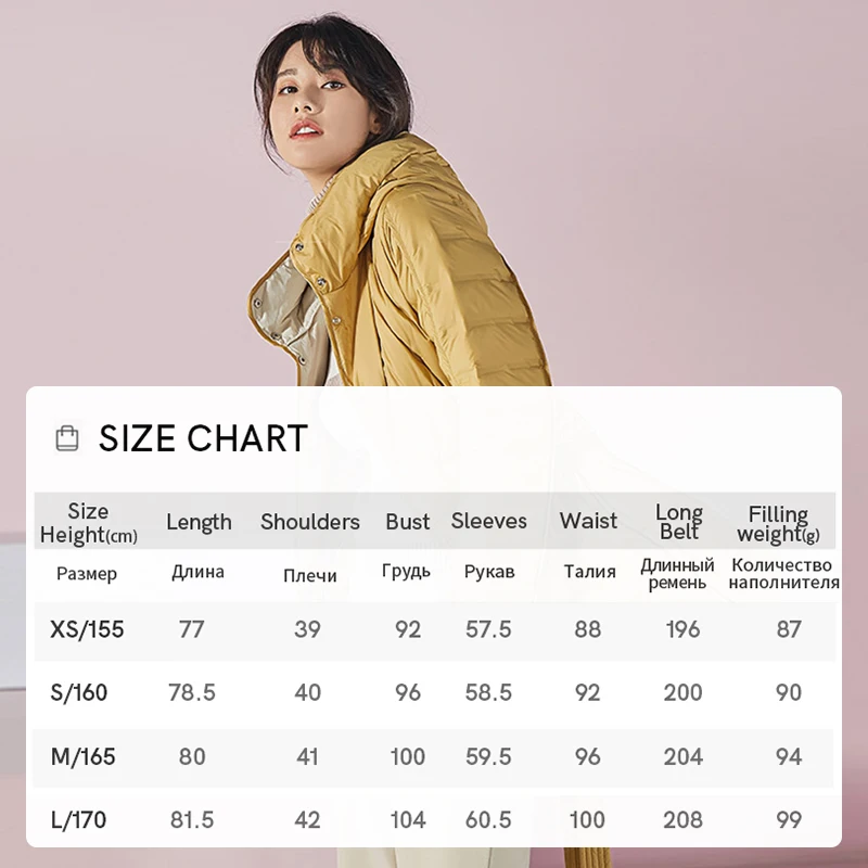 Chericom Women's Mid-Length Down Jackets Belted Lightweight High-neck Hooded Puffer Coats Warm Winter Padded Jacket Y258103Y