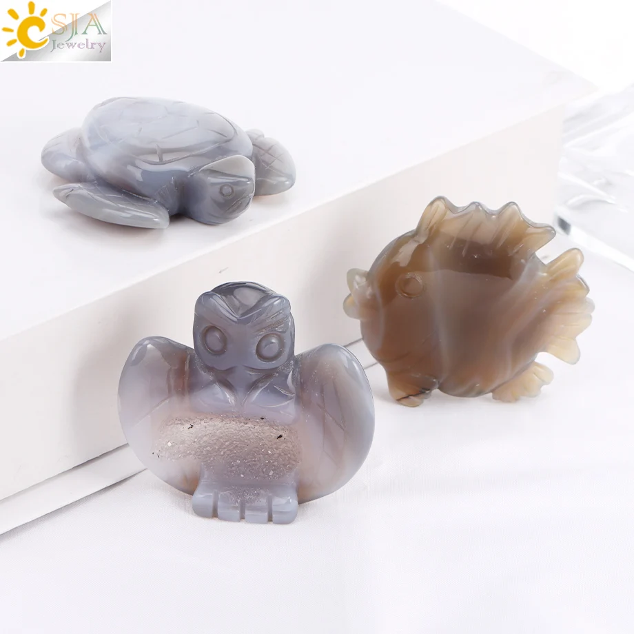 

CSJA Healing Natural Druzy Agate Home Decorations Handmade Carve Turtle Fish Owl Animal Jewelry Statue Gift for Men Women H454