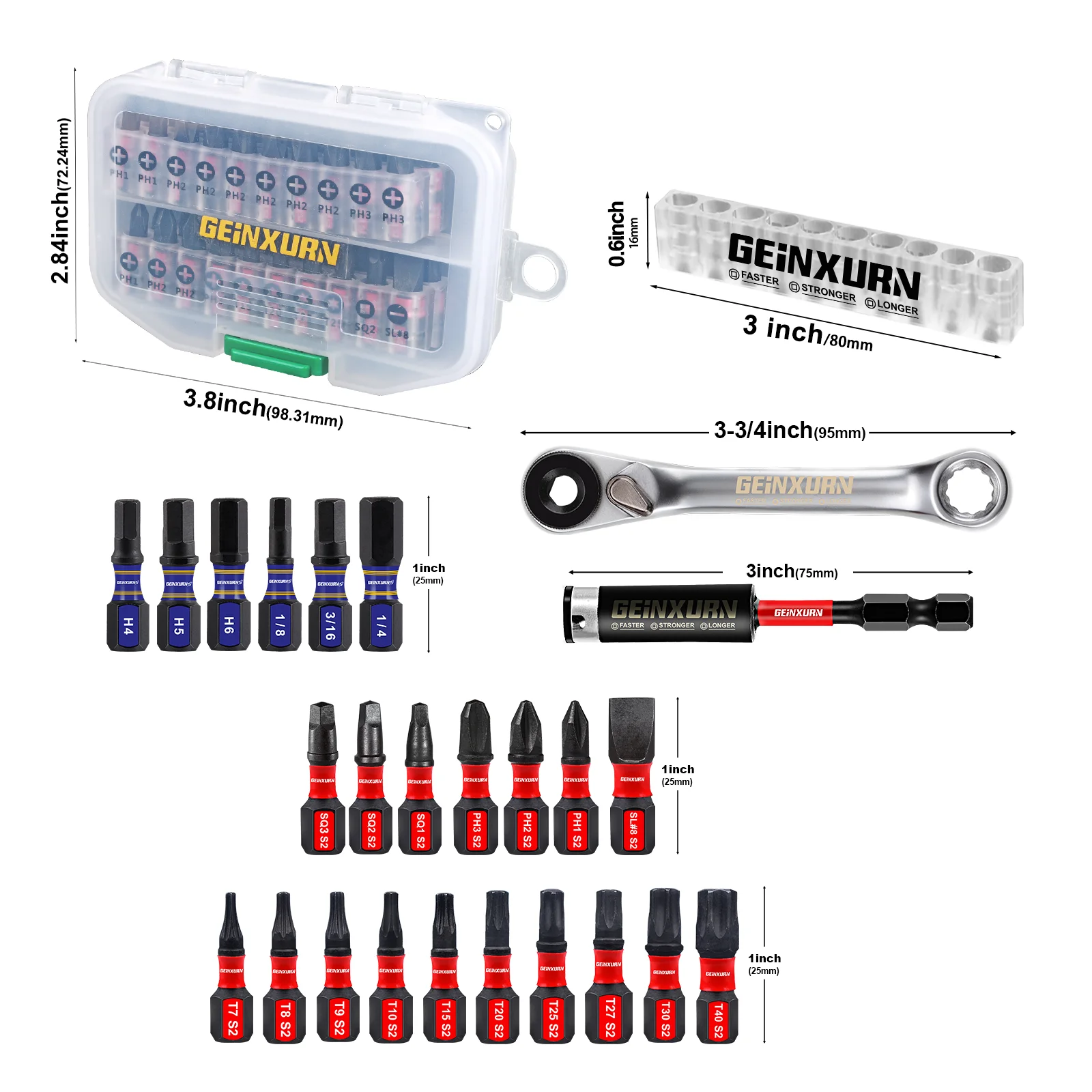 Geinxurn Impact Multi Screwdriver Bits Set, Magnetic S2 Steel Insert Bits Tips and Impact Bit Holder with Base and Storage Box