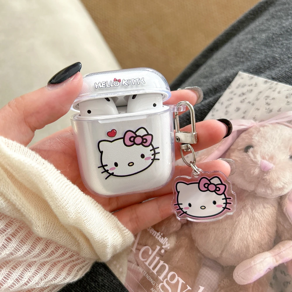 귀여운 산리오 헬로키티 이어폰 케이스 에어팟 4 2 3 1 프로 2 3 무선 블루투스 헤드셋 보호용 투명 커버 펜던트 포함