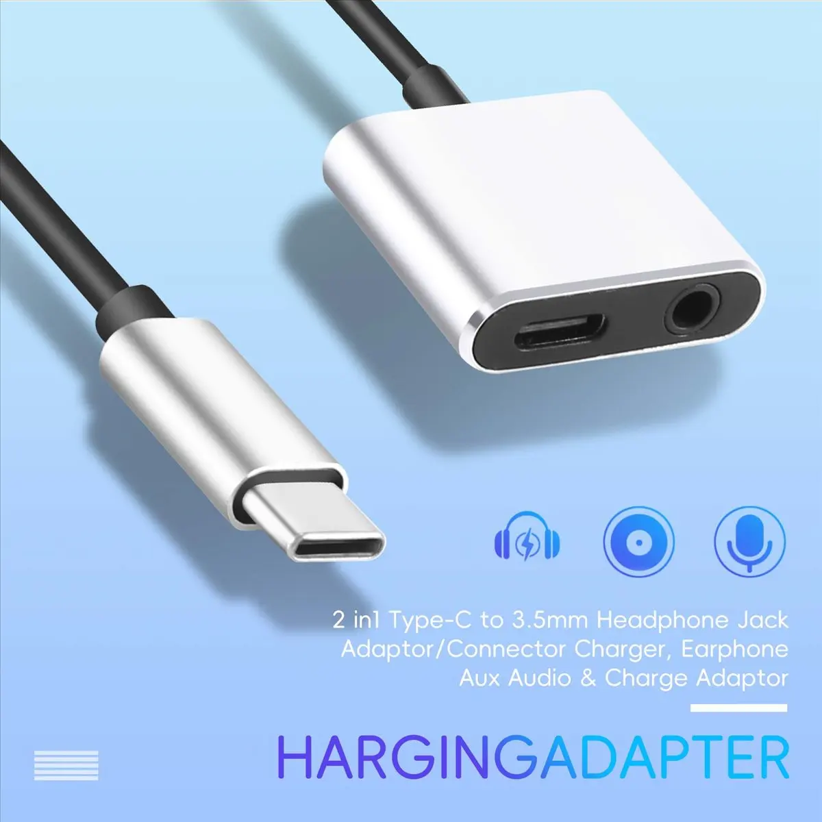 【POPULAR PICK】-2 in1 Type-C to 3.5mm Headphone Jack Adaptor/Connector Charger, Earphone Aux Audio & Charge Adaptor Silver