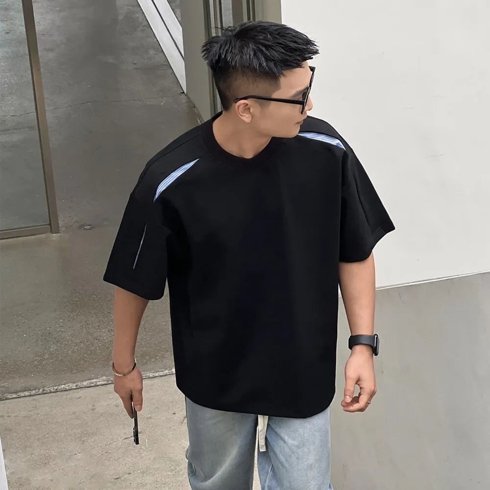 2026 Summer New Style Men's Mamba Cotton Striped Structured Patchwork Design Stylish T-Shirt Short Sleeve