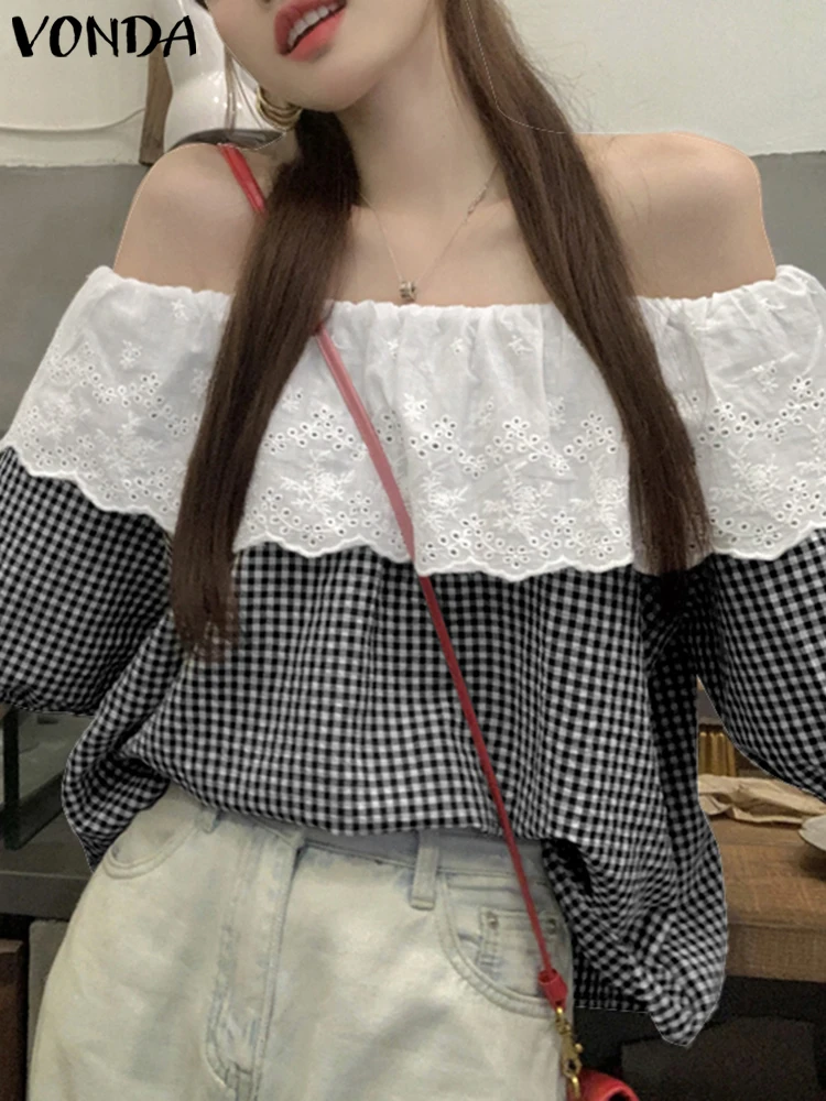 

VONDA Summer Holiday Party Tops Women Lace Patchwork Tops 2024 Casual Off The Shlouder Short Sleeve Blouse Oversized Loose Blusa