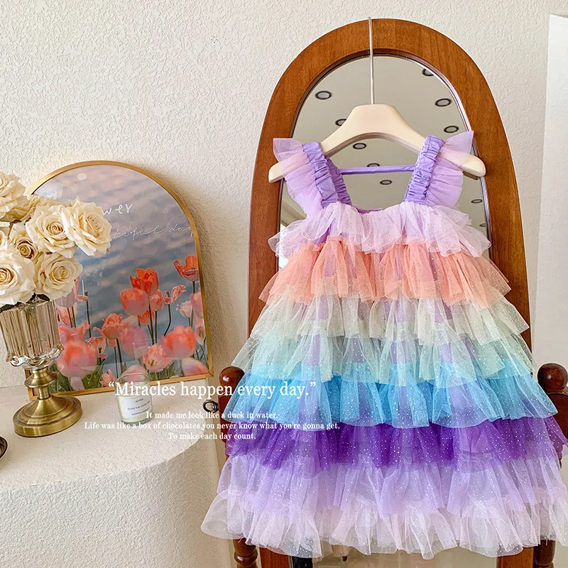 

2024 Girl's Summer Suspender Dress Rainbow Gradient Children Cake Dressed Tulle Birthday Party Princess Dresses Gala Costumes