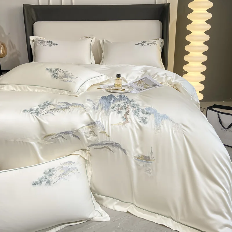 

4Pcs New Chinese Style Landscape Embroidery Luxury Bedding Set Lyocell Silky Soft Duvet Cover Flat/Fitted Bed Sheet Pillowcases