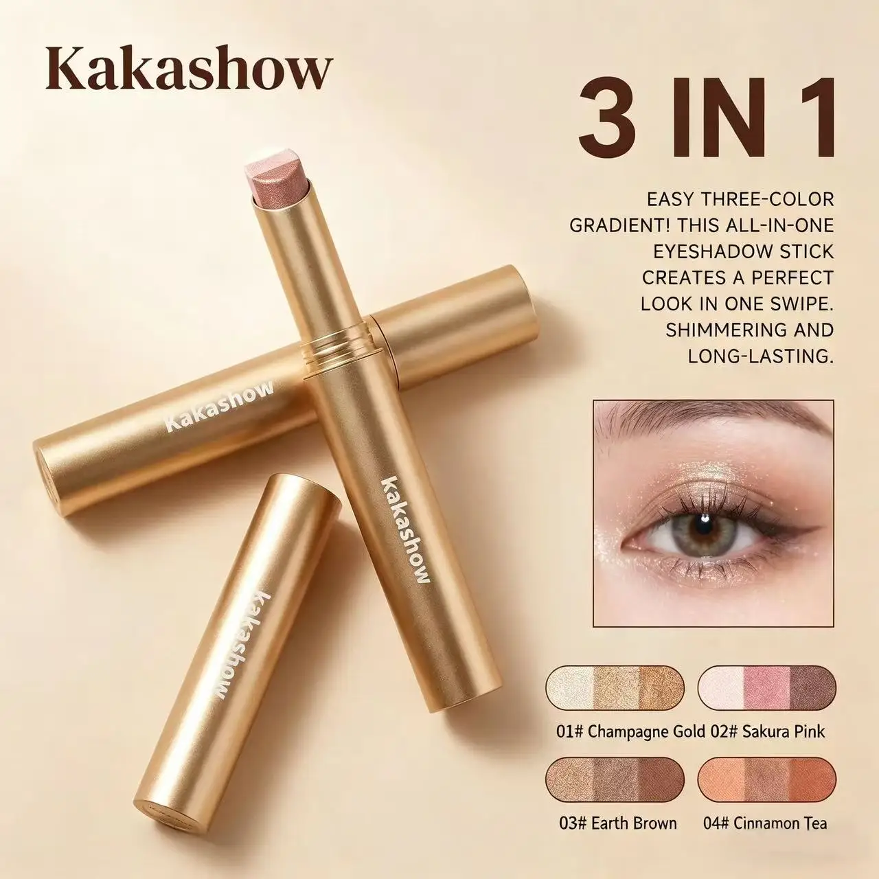 Kakashow 3 Color Eyeshadow Stick Smooth Texture No Fallout Waterproof Sweatproof Shimmery Brighten Eyes for Daily Dating Makeup