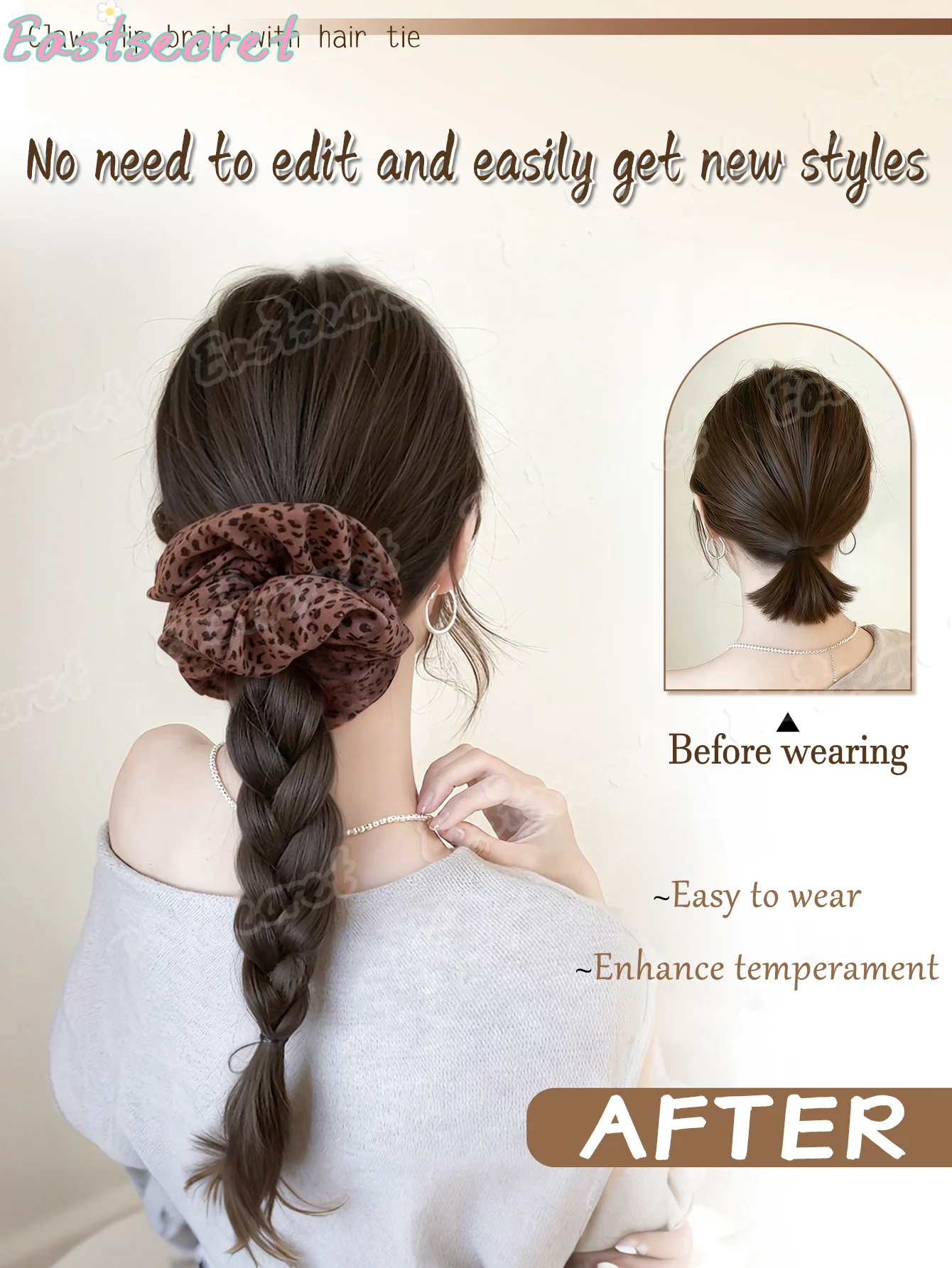 EAST Synthetic Wig Braid Women Grab Clip Braid Fried Dough Twists Braid High and Low Leopard Print Hair Loop Hair Ornament Wig