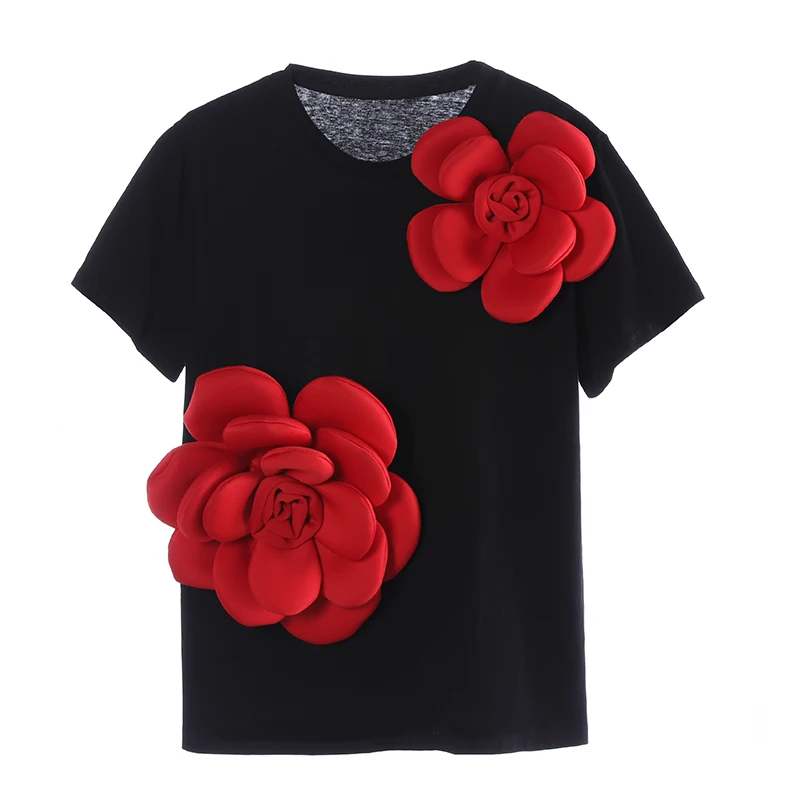 

Hand-Stitched Three-Dimensional Flower Round Neck Short-Sleeved T-shirt for Women 2024 New Korean Style Loose Casual Top