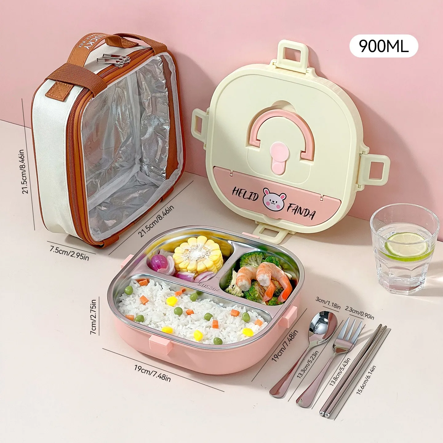 850/900ml 304 roestvrijstalen gedeelde bento box met bestek, magnetronbestendig, grote capaciteit, lekvrije lunchbox voor studenten en kinderen