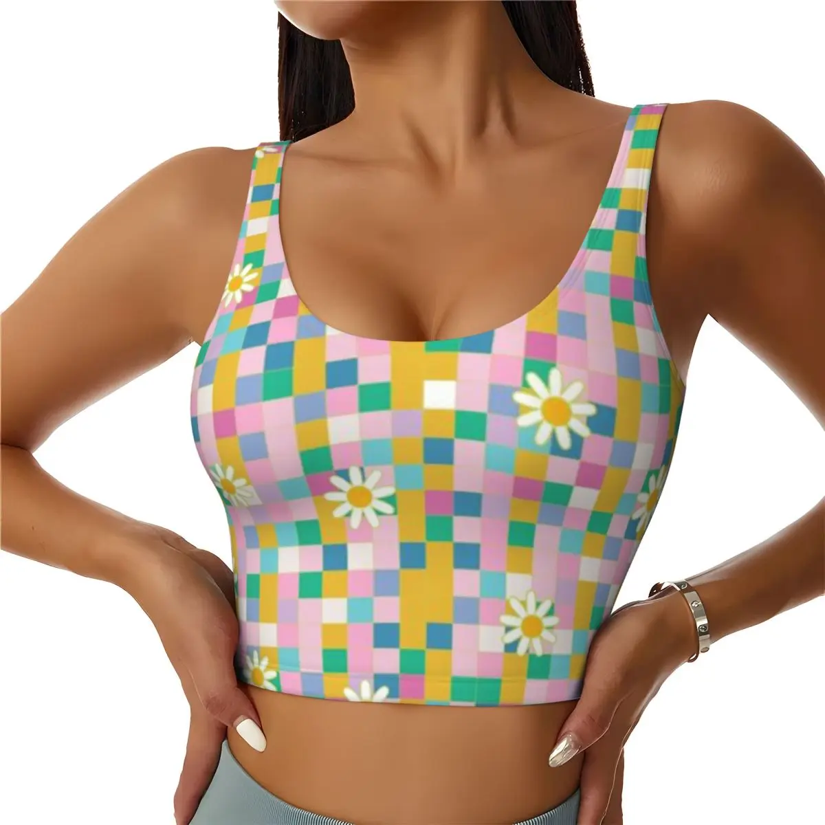 Compression Yoga Top Daisy Pixel Checkerboard Pattern Playful Retro Floral Design Weight Loss Training Sports Tank Top