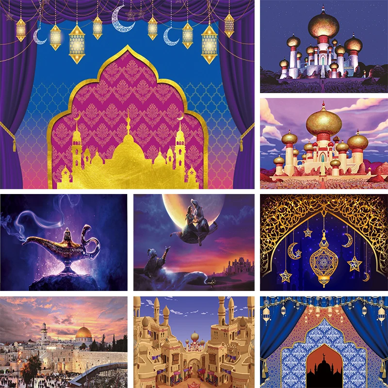 

Aladdin's Lamp Backdrop Gold Curtain Muslim Mosque Birthday Party Decor Lampara Magica Aladdin Photography Background Banner