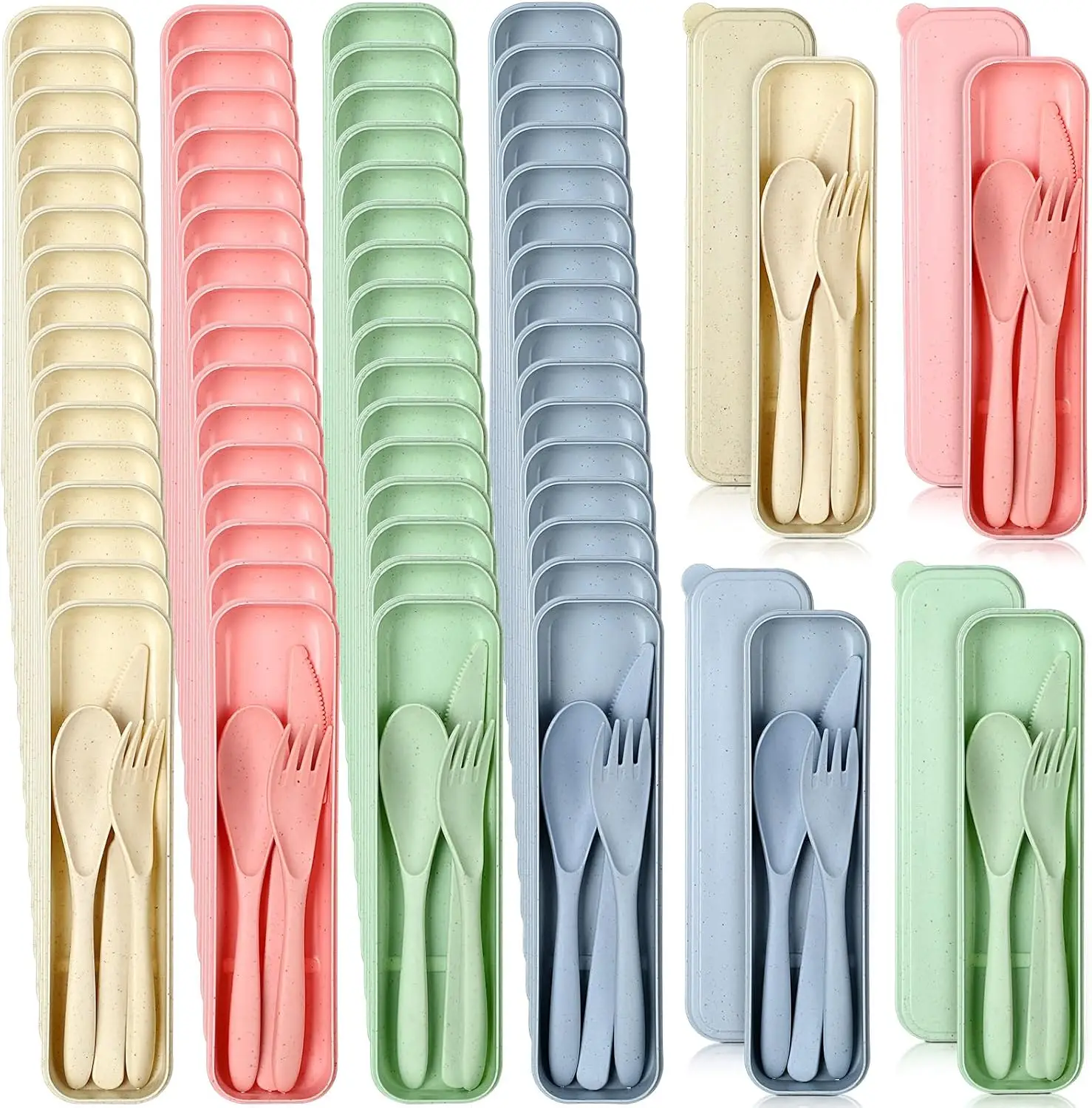 

50 Sets Reusable Travel Utensils Set with Case Wheat Straw Cutlery Portable Spoon Knife Forks Lunch Box Accessories Friend