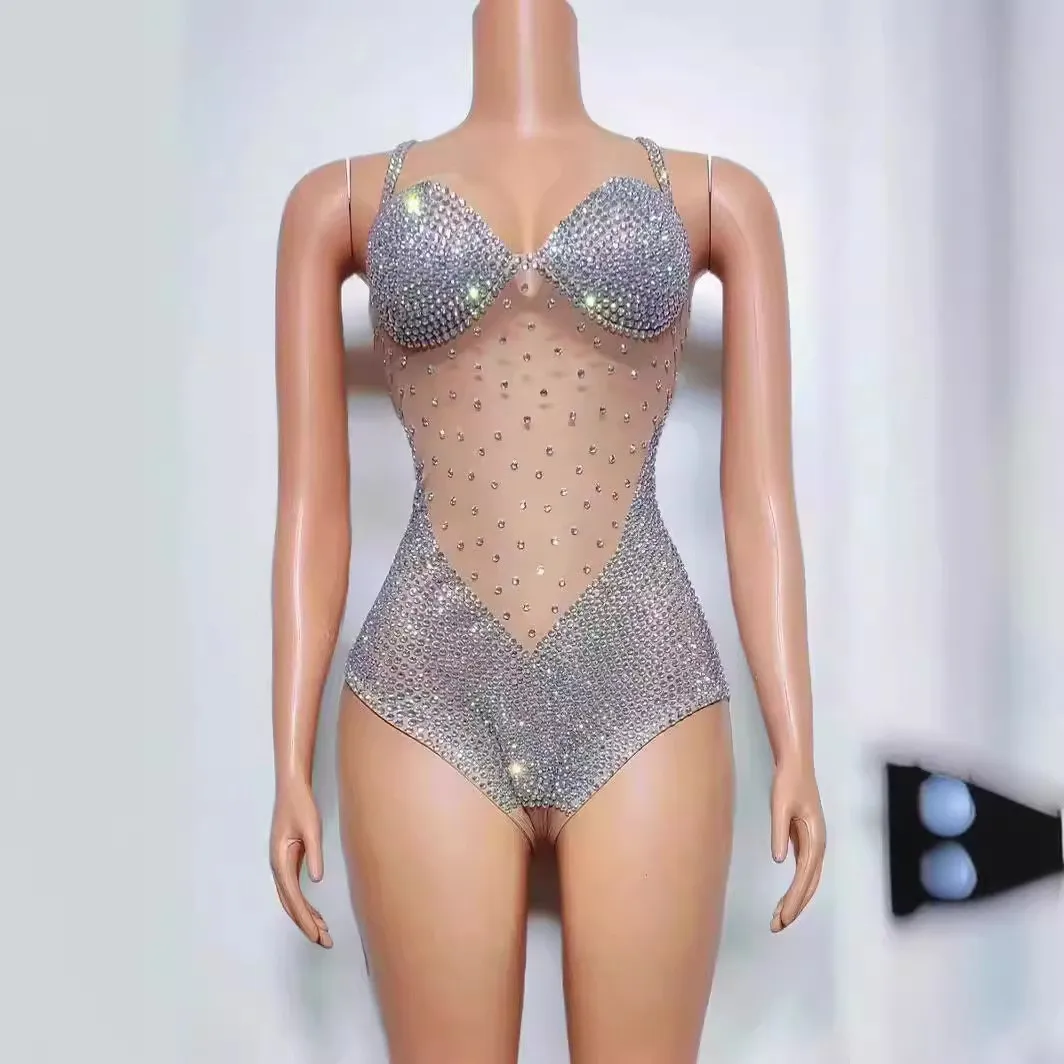 

Sexy Stage Sparkly Rhinestones Bodysuit Women Mesh See Through Dance Performance Costume Singer Dancer Stage Leotard Club Wear