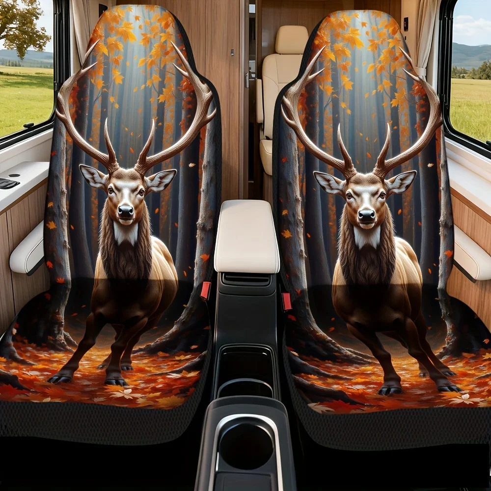 2pcs, Modern Majestic Deer Autumn Design Front Seat Covers, Perfect Gift For Daily Commuters, Lightweight Design For Easy Storag