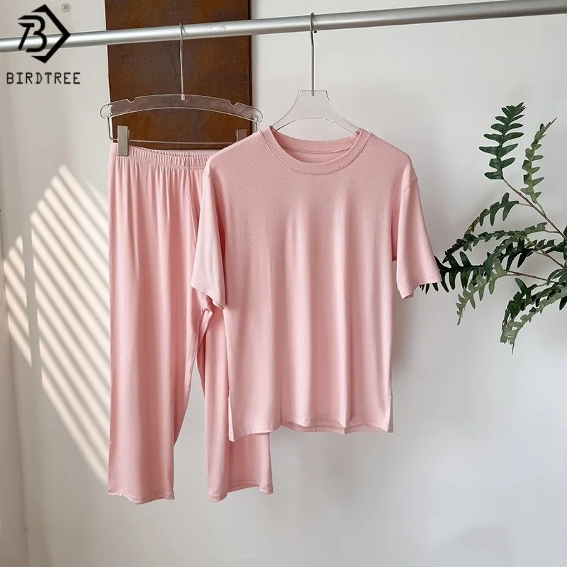 

Birdtree 93% Cellulose Fiber 7% Spandex Short Sleeve Pants Suit,Women Solid Pajamas Home Leisure Casual Basic Homewear P57824JF