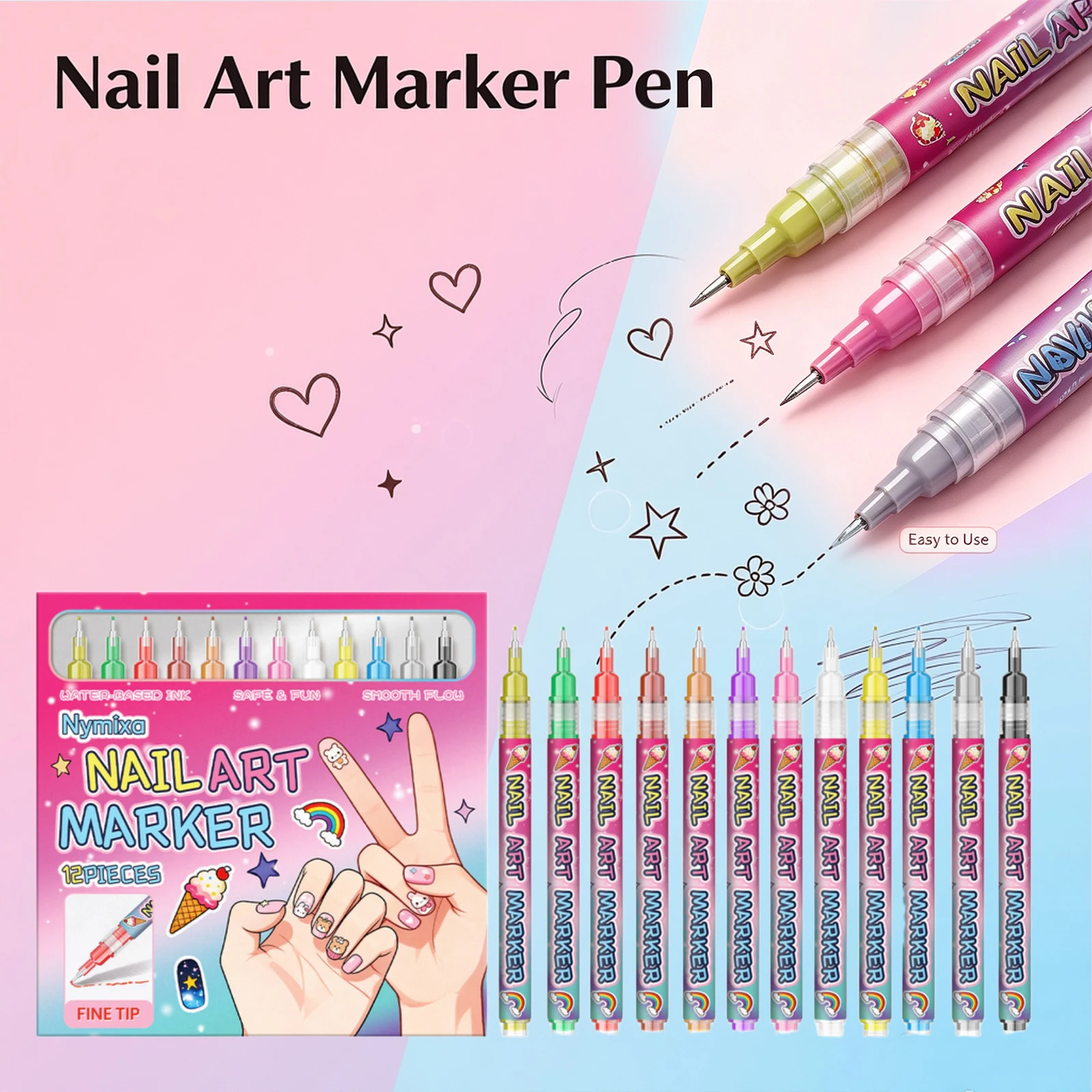 12 Colors Nail Art Marker DIY Nail Drawing Pen Set with Fine Tip Smooth Ink Quick Dry Manicure Painting Tools for Beginners