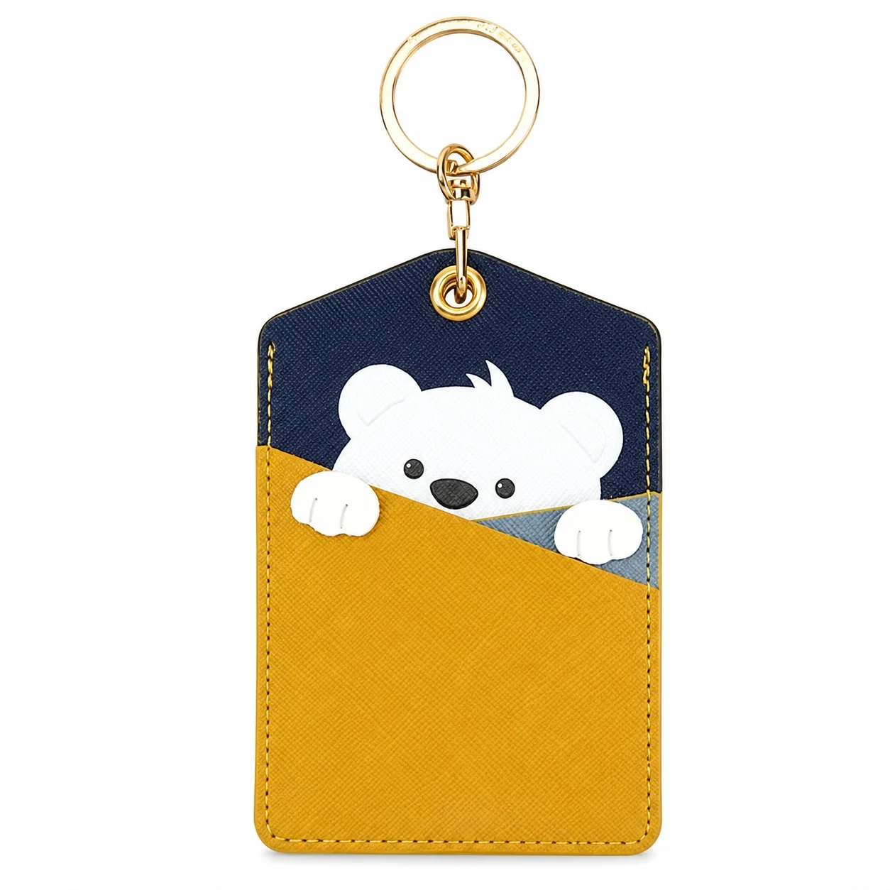 Cartoon Bear Face ID Card Holder & Lanyard Accessory,5-Slot Storage for ID/Access Cards 3 Deep+2 Back PU Leather Waterproof PVC