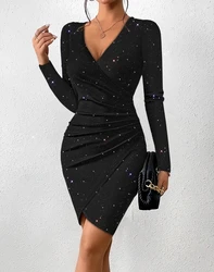 Urban Black V-Neck Long Sleeved Shiny Ruffled Bodycon Midi Dress Sexy Luxury Evening Spicy Girl Tight Fitting 2024