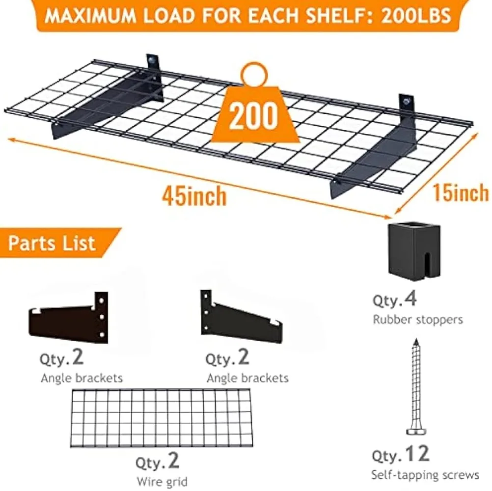 Imagem -04 - Prateleiras de Parede para Garagem Resistentes Montagem na Parede Rack de Armazenamento Prateleiras Flutuantes Carga Máxima 400 lb 2x4 Pés 45 por 15 Pacote com 2