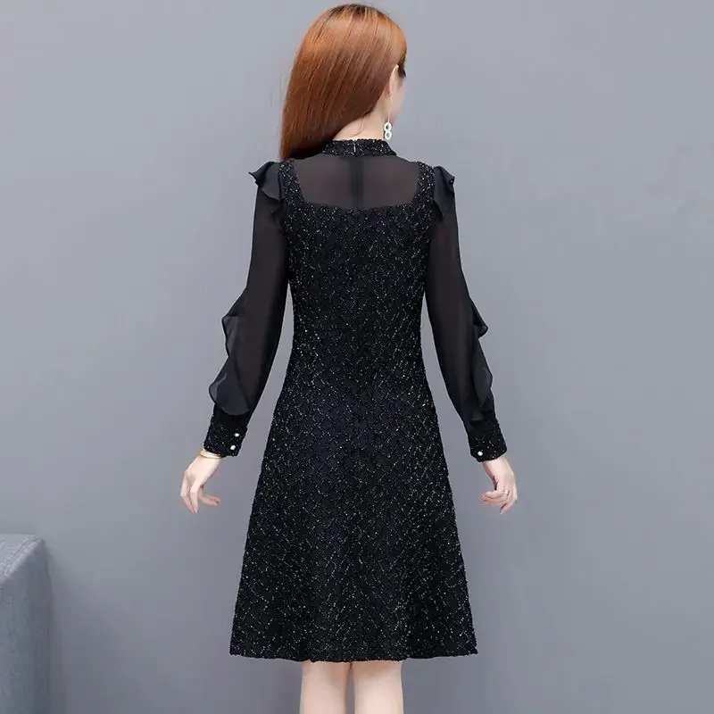 Topenomi Autumn Winter Dress Women Sequins Ruffles Mesh Long Sleeve Waist Slim A Line Party Dresess Elegant Fashion Vestidos