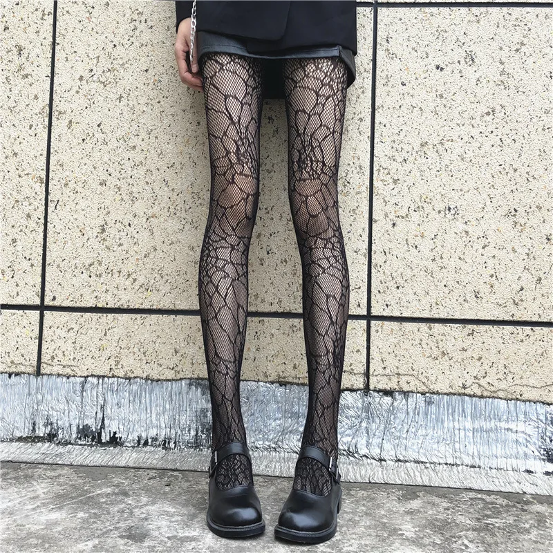 Gothic Damen Lolita Leggings mit Lochmuster, Retro Mädchen Strümpfe, Japanische Spitzenstrumpfhose mit Blumenmuster, Schwarze Strumpfhose – Detail 7