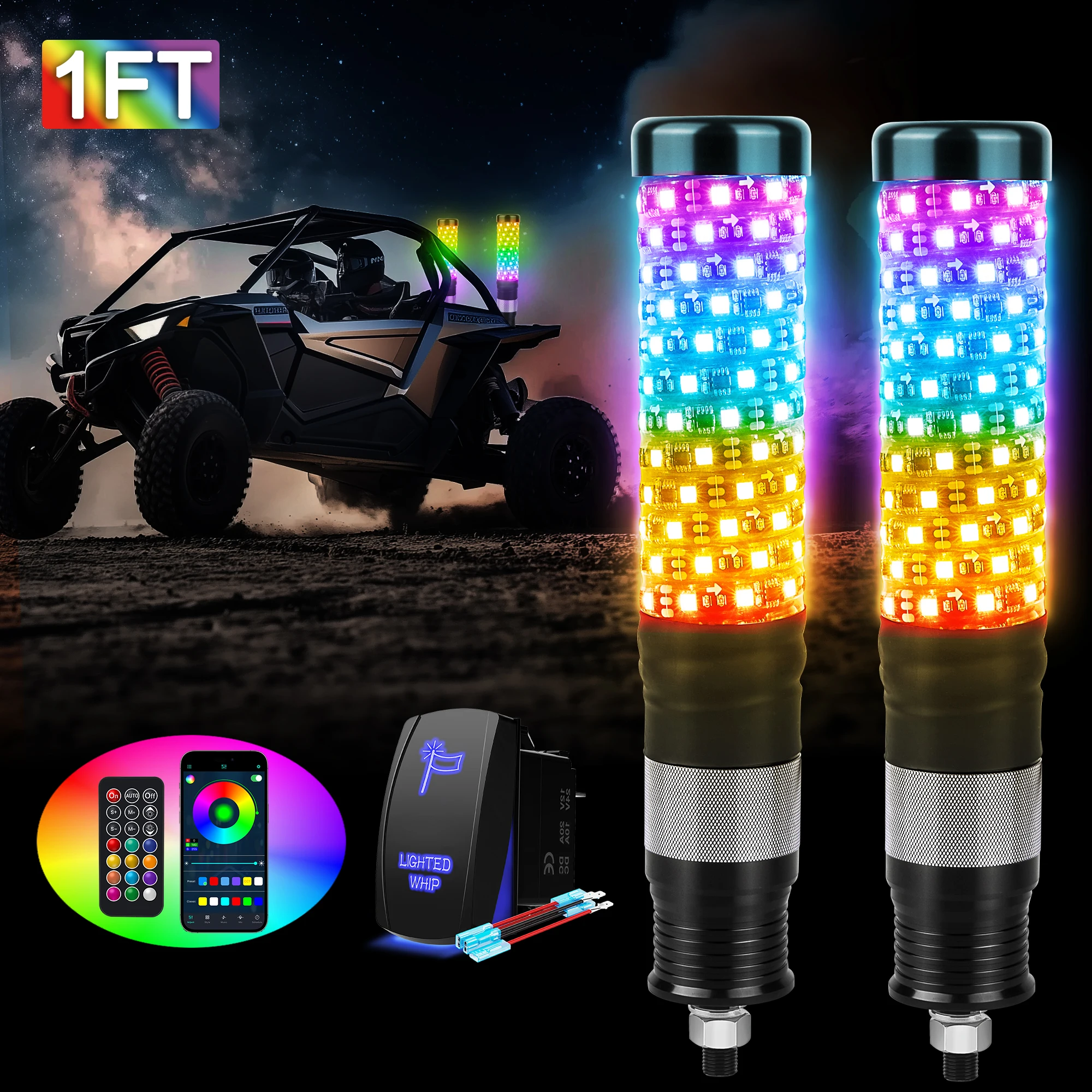 

MICTUNING 2 шт. 1 фута толстый светодиодный светильник RGB + IC погоня цвета флаг огни, приложение и дистанционное управление с кулисным переключателем для бездорожья