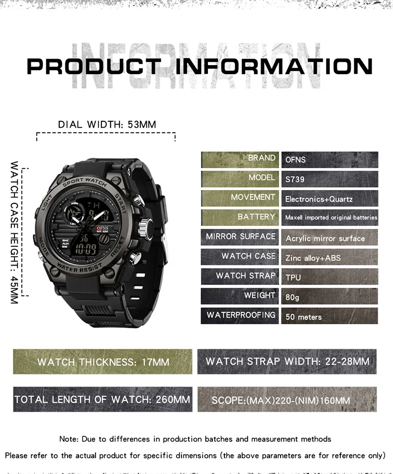 OFNS 739 Fashion Casual Men Watches LED Digital Luminous Sports Military Outdoors Quartz Clock Waterproof Luxury Men Watch