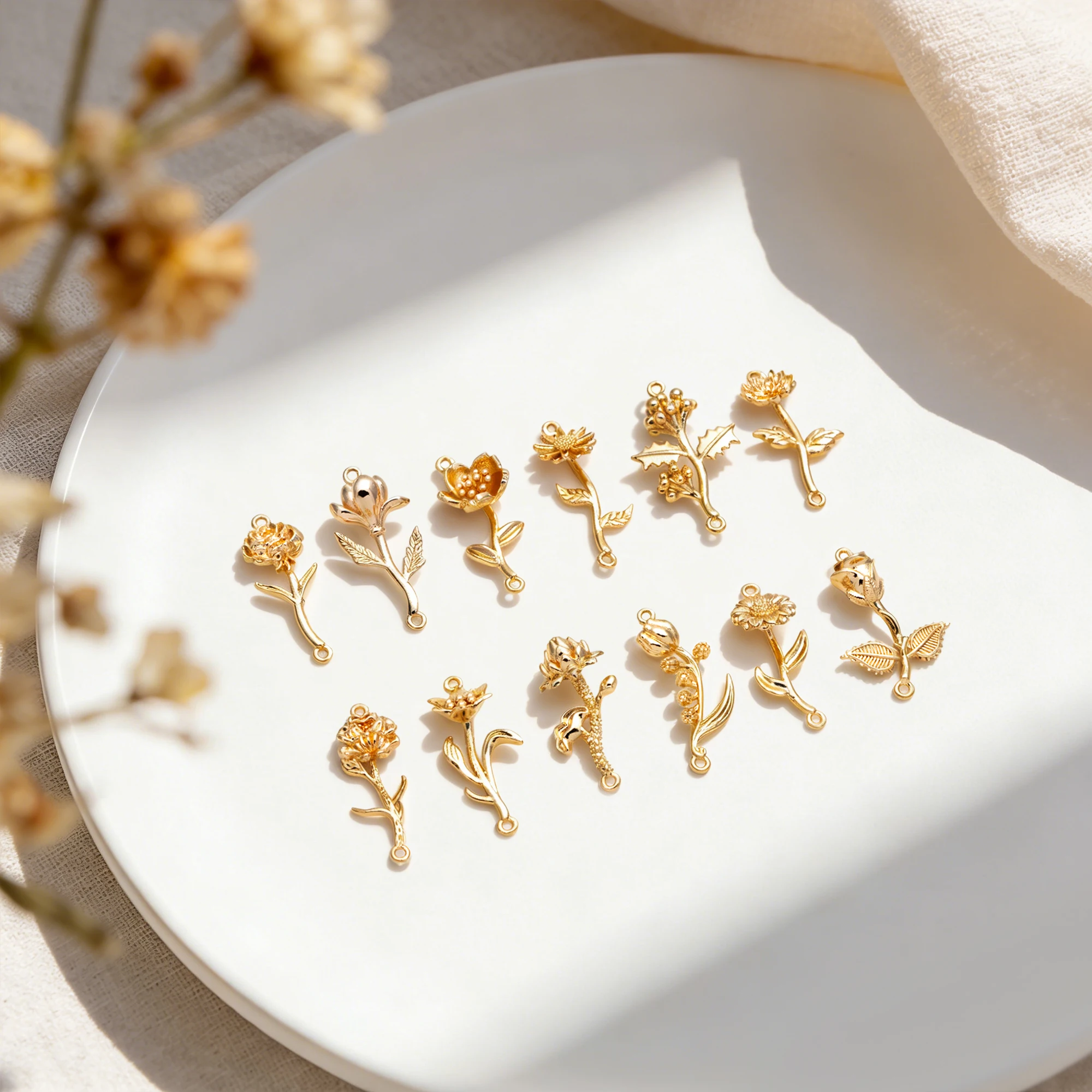 Birth Flower Necklace - 4 pieces- Gold 12 Month Birth