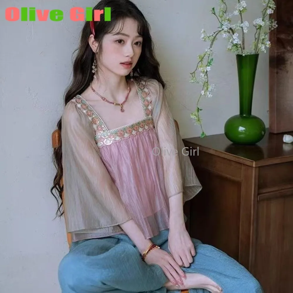 

Olive Girl Pink Shirt Blouse Chiffon Embroidery Women's Clothing 2025 Summer Top Sweet and Elegant