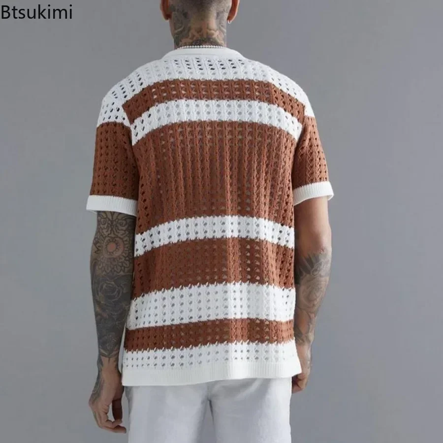 2025 Fashion Striped Patchwork Knitted Shirts for Men Summer Short-sleeved Hollow Out Tops Knit Casual Cardigan Male Streetwear