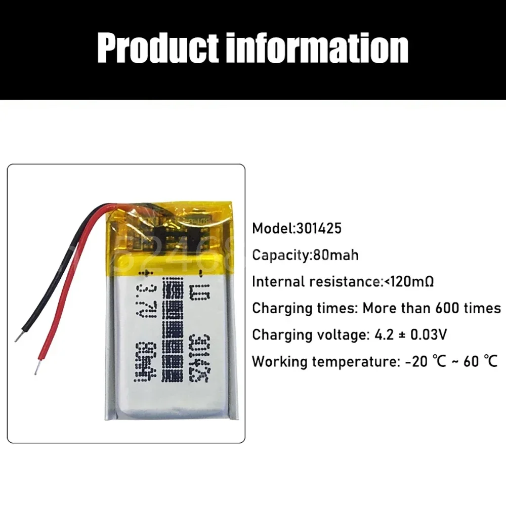 Células Lipo 3,7V 301425   Bateria recarregável de polímero de lítio 80mah para caneta de leitura pulseira inteligente mp3 mp4 mp5 fone de ouvido bluetooth