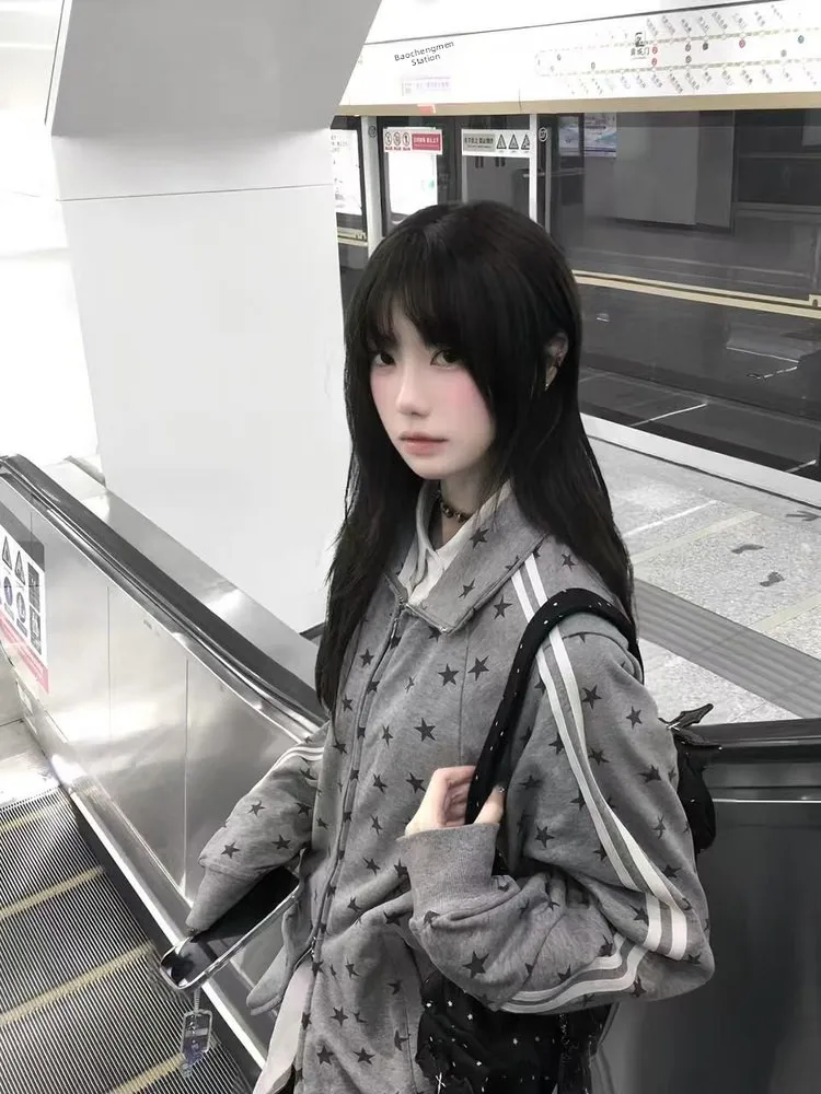 

American Sle Fce Lined Stand Collar Open Cardigan Sweatirt Women's Autumn Winter Loose Sports Double Zipper Jaet